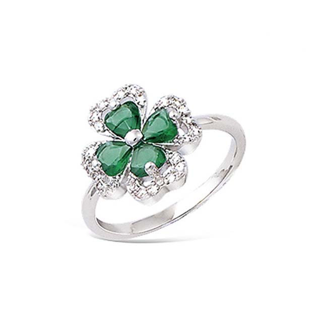 Bague argent rhodie trefle verre emeraude entourage cz1