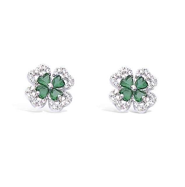 Boucle oreille argent rhodie trefle verre emeraude entourage cz1