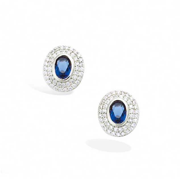 Boucles oreille argent rhodie forme ovale verre saphir entourage cz1