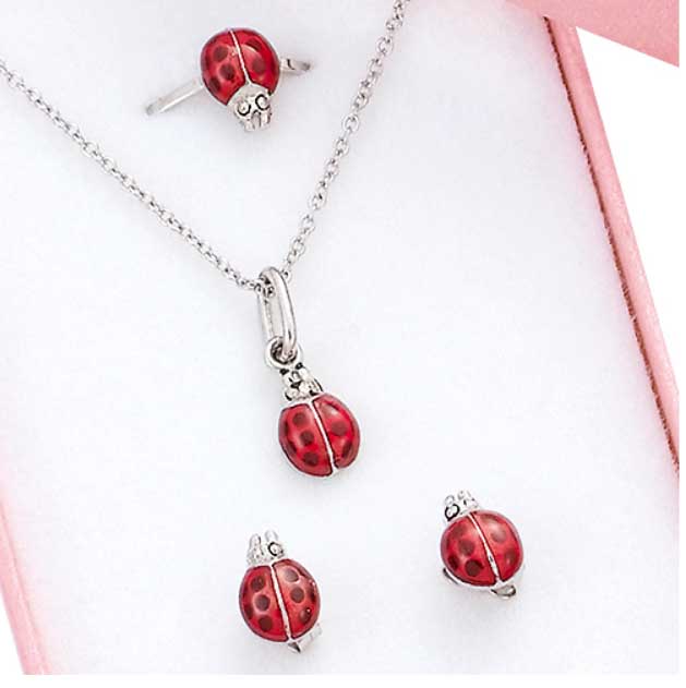 coffret enfant ant argent rhodie pendentif motif coccinelle email rouge