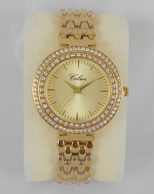 Montre femme Celsior acier dore cadran dore et swarovski