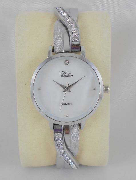 Montre femme Celsior cadran rond blanc acier argent swarovski