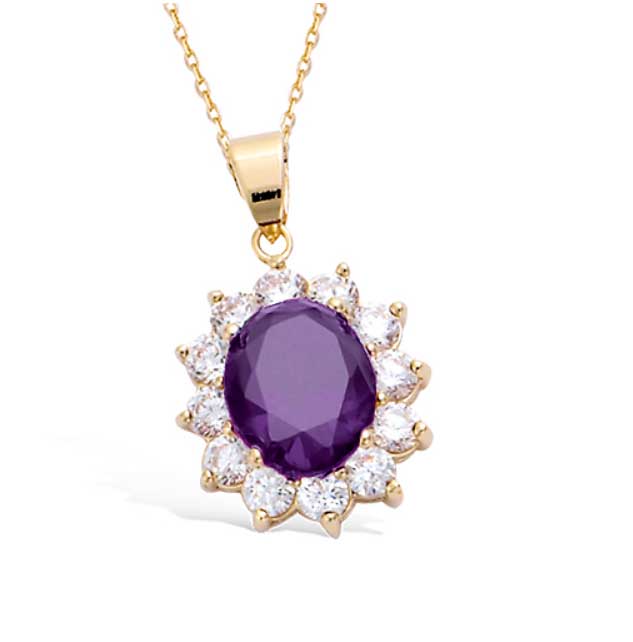 Pendentif plaque or oval oxyde amethyste entourage oxydes blancs